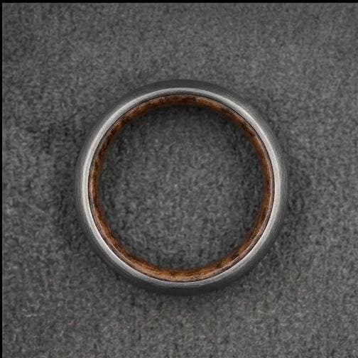 Brushed Titanium Wedding Band — Whiskey Barrel Wood Lining, view 3