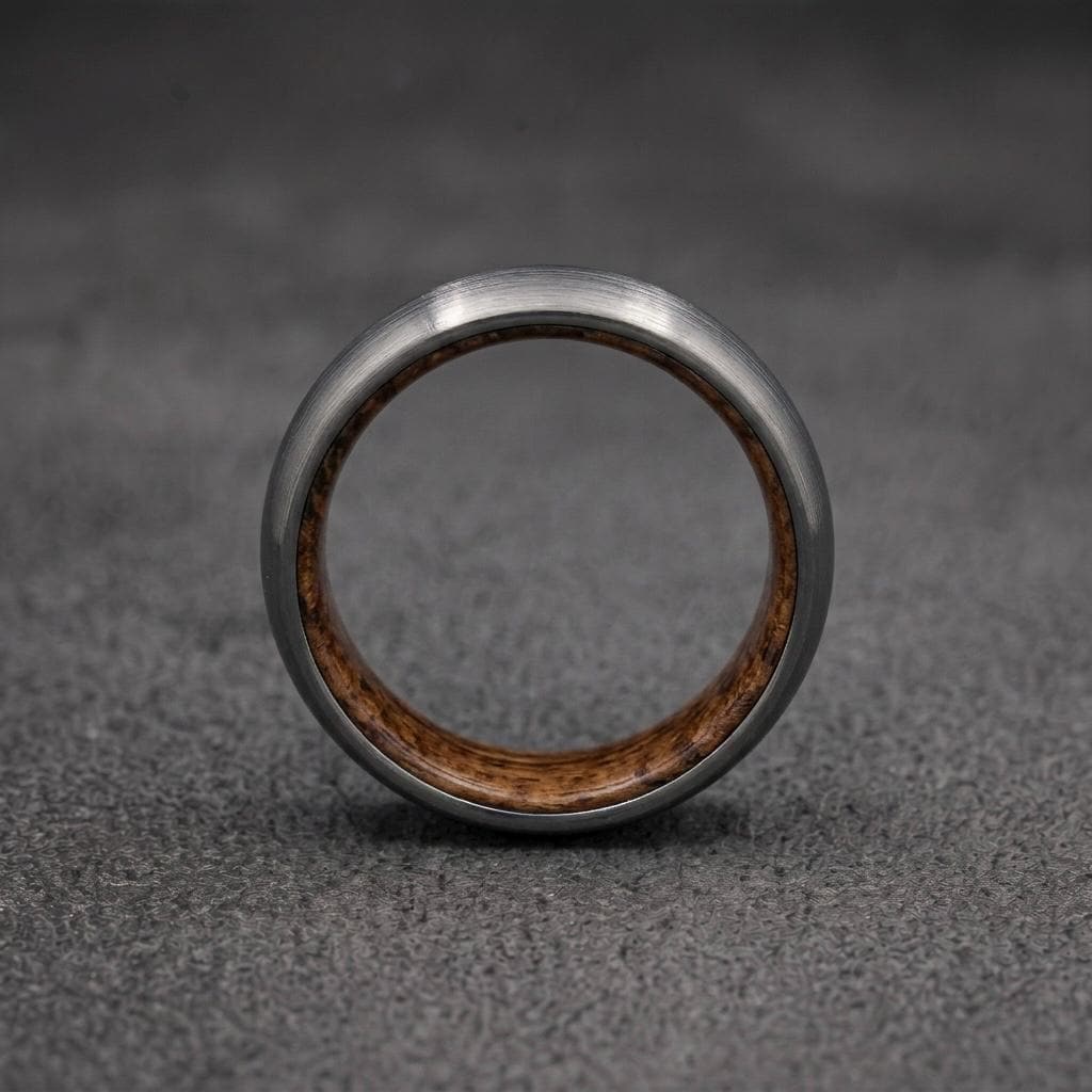 Brushed Titanium Wedding Band — Whiskey Barrel Wood Lining, view 2