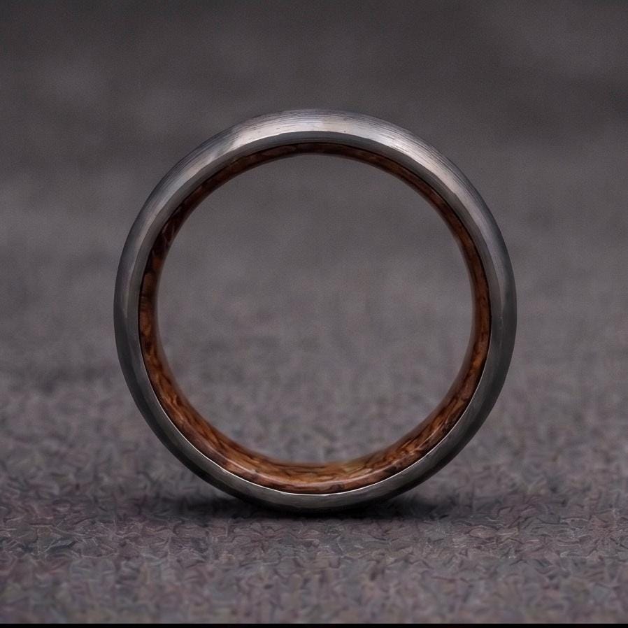 Brushed Titanium Wedding Band — Whiskey Barrel Wood Lining, view 6