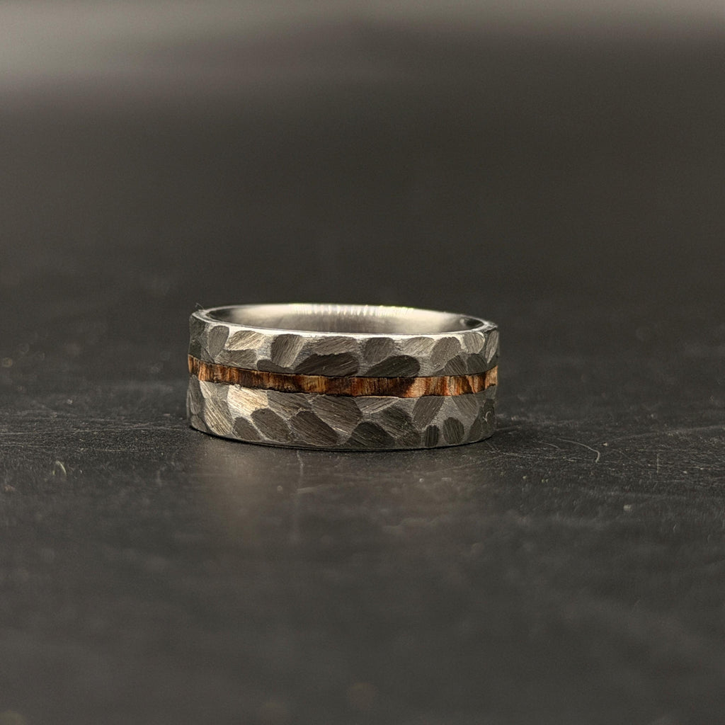 Hammered Titanium Wedding Band — Whiskey Barrel Wood Inlay, view 4