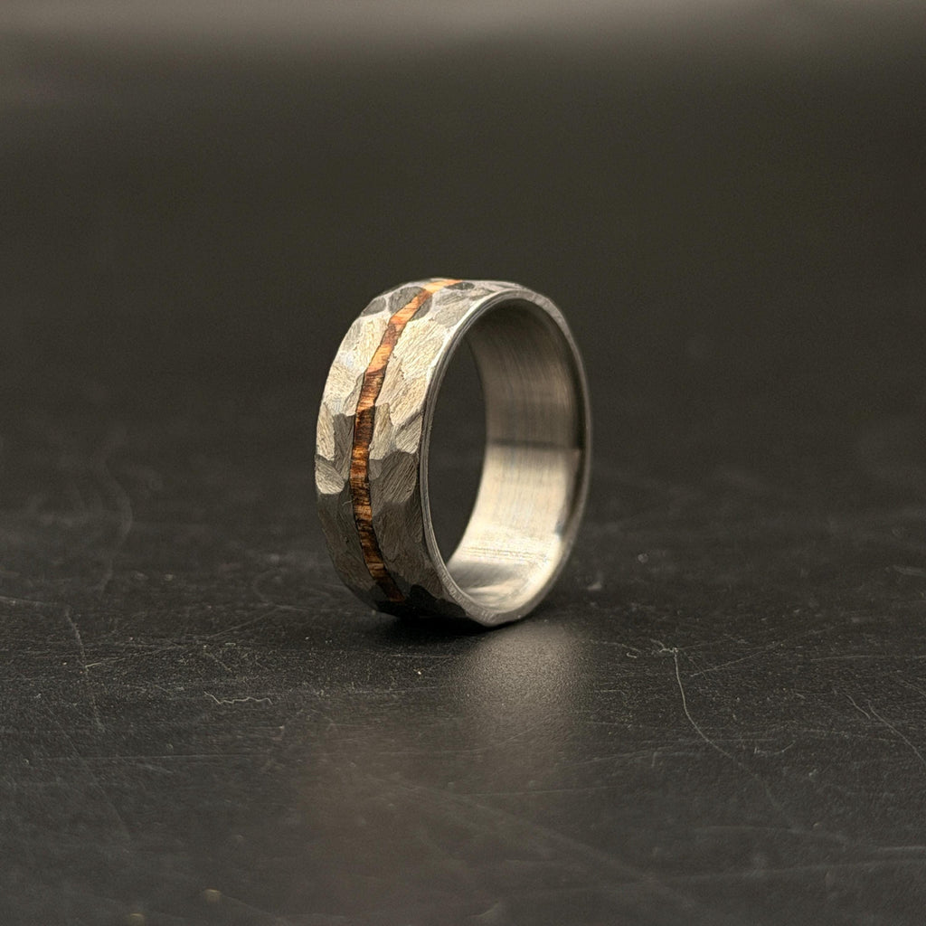 Hammered Titanium Wedding Band — Whiskey Barrel Wood Inlay