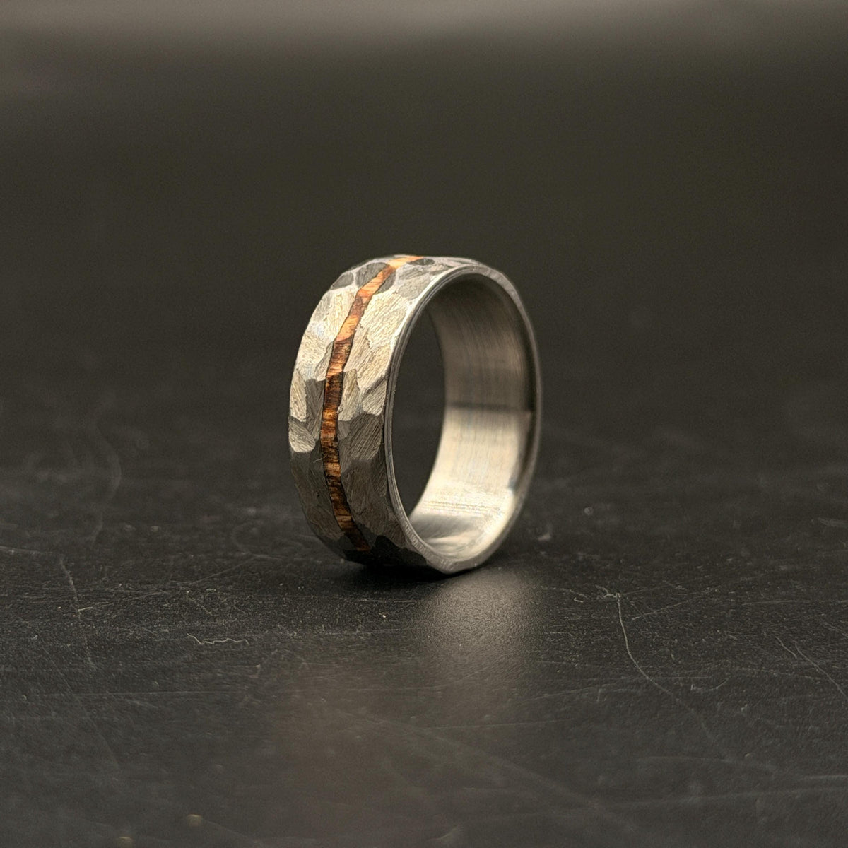 Hammered Titanium Wedding Band — Whiskey Barrel Wood Inlay