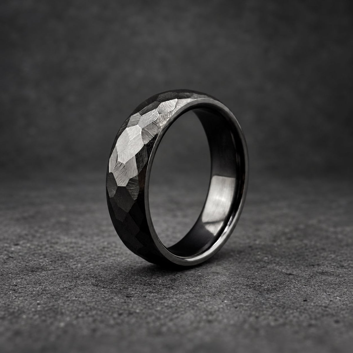 Black Zirconium Wedding Band, Domed — Hammered Finish, view 5