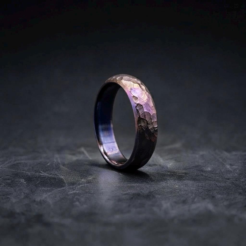 Purple Anodized Titanium Wedding Band, Domed — Hand Hammered, view 2