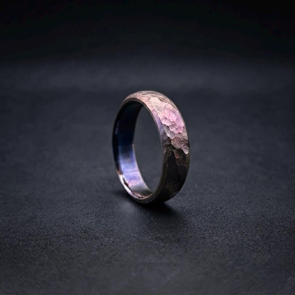 Purple Anodized Titanium Wedding Band, Domed — Hand Hammered, view 4