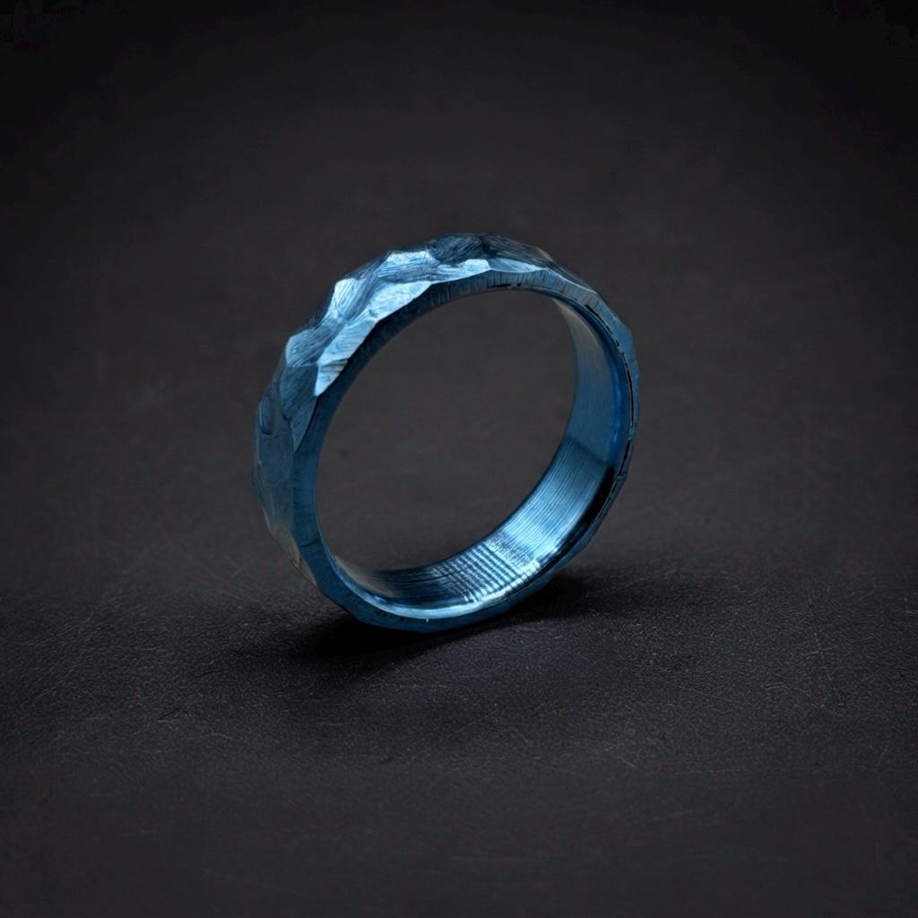 Blue Anodized Titanium Wedding Band — Hammered Industrial Ring, view 3