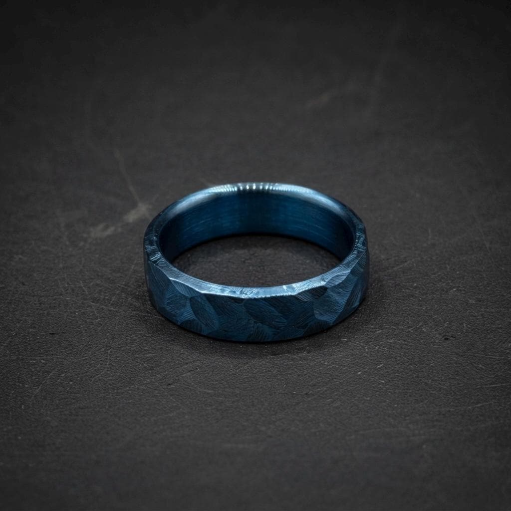 Blue Anodized Titanium Wedding Band — Hammered Industrial Ring, view 5