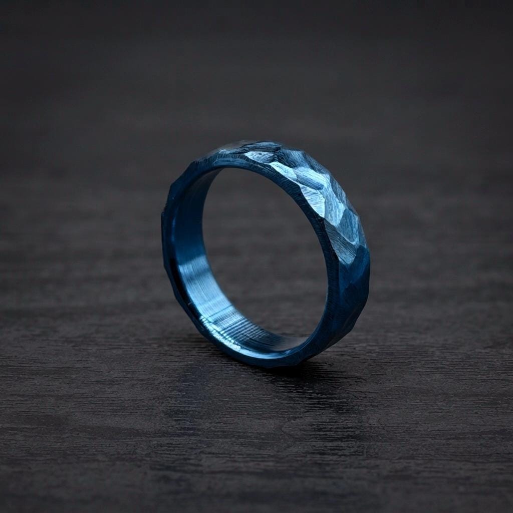Blue Anodized Titanium Wedding Band — Hammered Industrial Ring, view 4