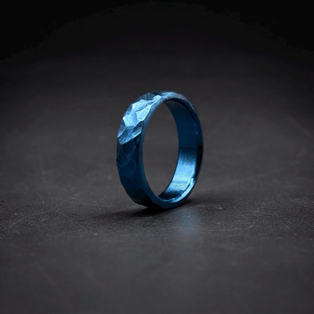 Blue Anodized Titanium Wedding Band — Hammered Industrial Ring, view 2