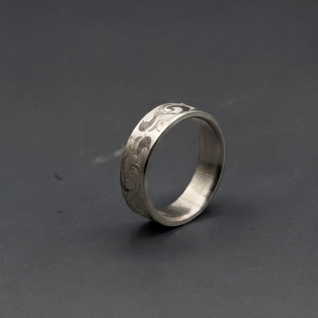 Floral Engraved Titanium Wedding Band — Hand Carved Scroll, view 5