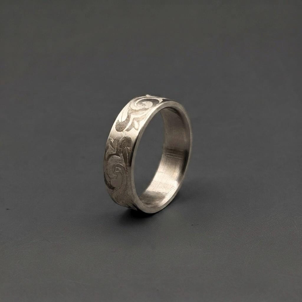 Floral Engraved Titanium Wedding Band — Hand Carved Scroll