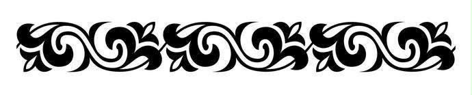 A horizontal decorative border featuring a repeating black graphic pattern on a white background. The design consists of stylised, symmetrical swirling leaf-like shapes and curved lines that connect to form a continuous, flowing motif.