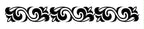 A horizontal decorative border featuring a repeating black graphic pattern on a white background. The design consists of stylised, symmetrical swirling leaf-like shapes and curved lines that connect to form a continuous, flowing motif.