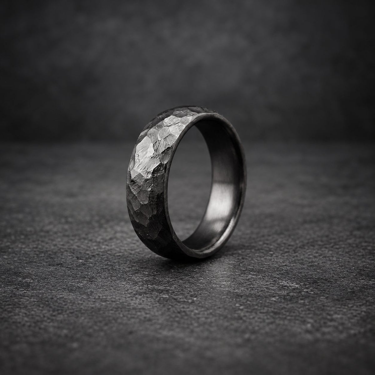 Black Zirconium Wedding Band, Domed — Hammered Finish
