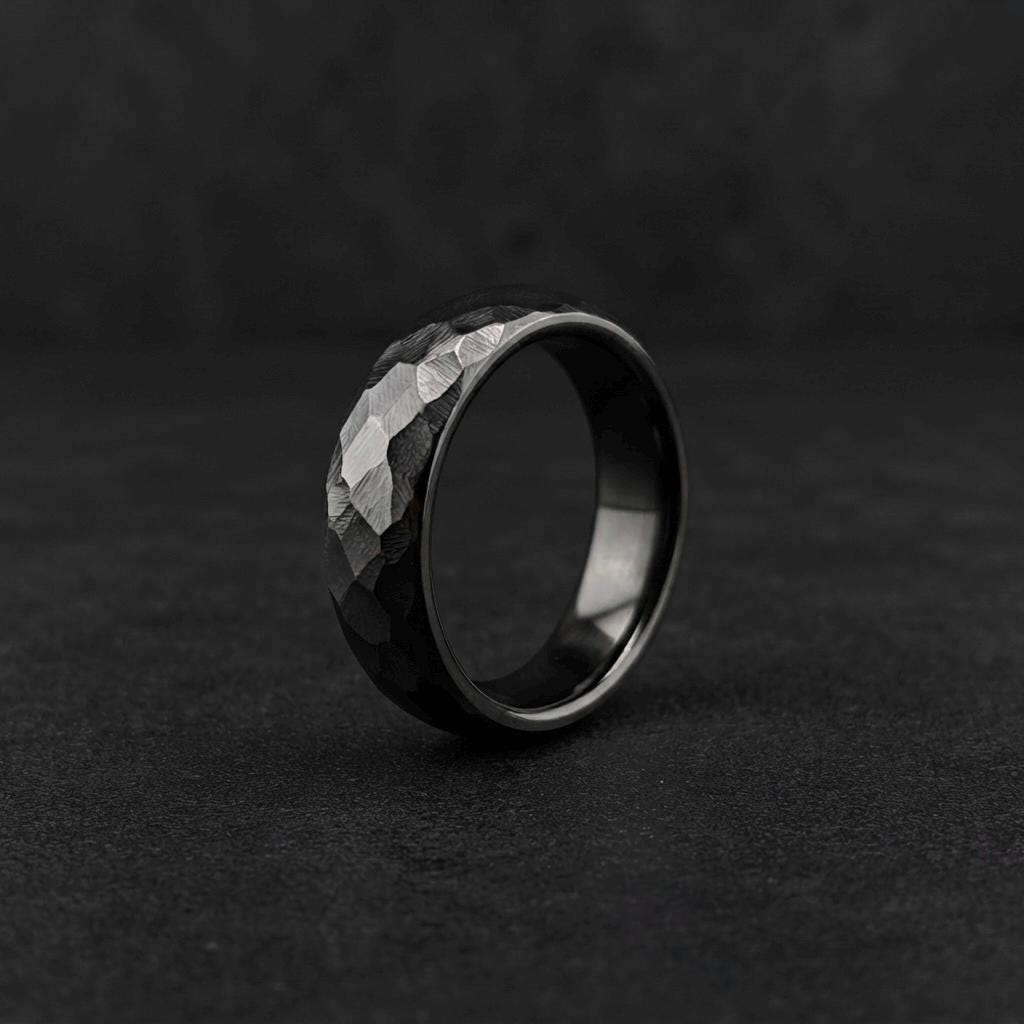 Black Zirconium Wedding Band, Domed — Hammered Finish, view 4