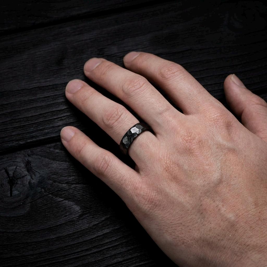 Black Zirconium Wedding Band, Domed — Hammered Finish, view 3