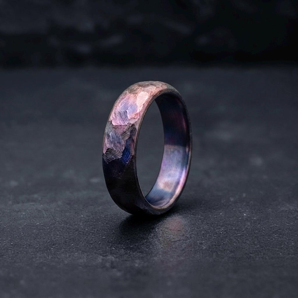 Purple Anodized Titanium Wedding Band, Domed — Hand Hammered, view 3