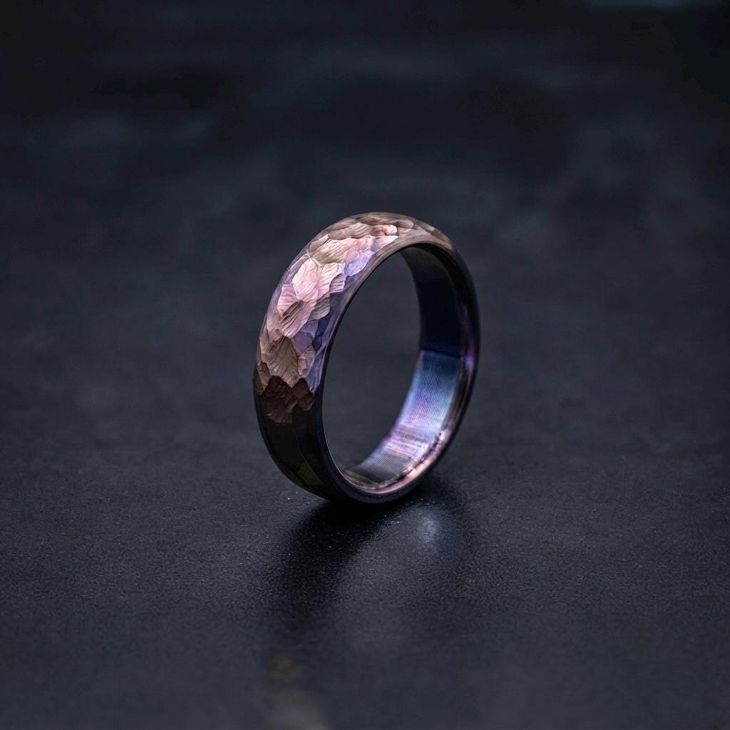 Purple Anodized Titanium Wedding Band, Domed — Hand Hammered