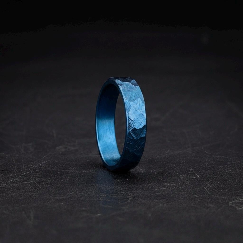 Blue Anodized Titanium Wedding Band — Hammered Industrial Ring, view 6