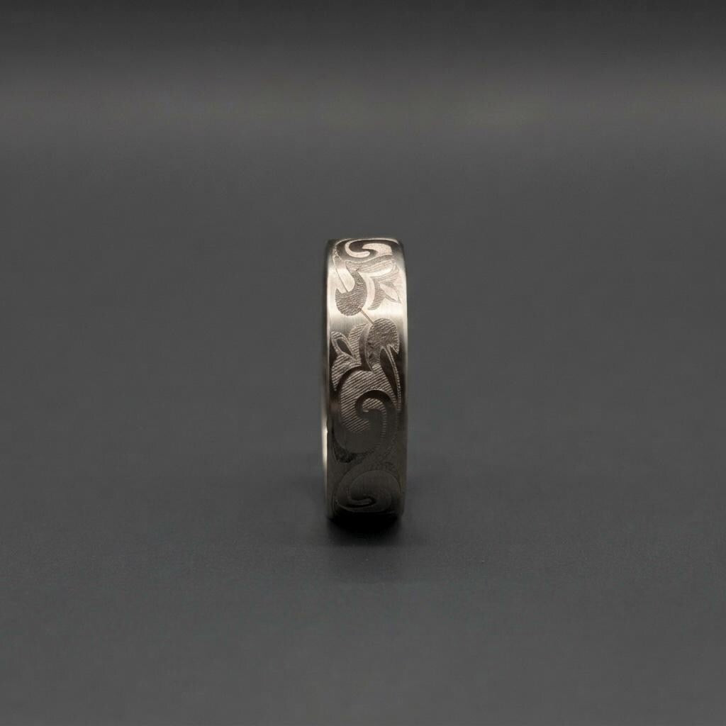 Floral Engraved Titanium Wedding Band — Hand Carved Scroll, view 4