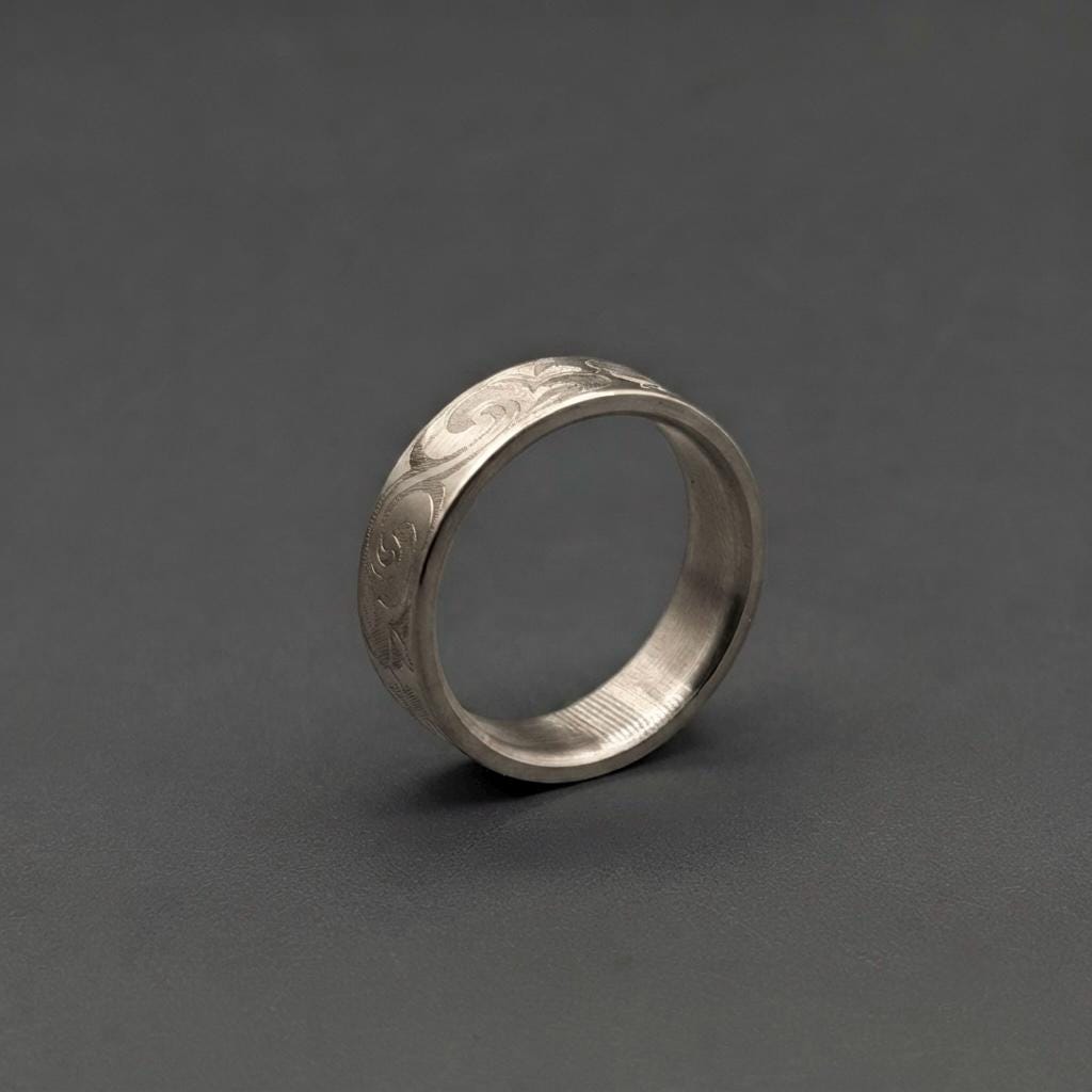 Floral Engraved Titanium Wedding Band — Hand Carved Scroll, view 3