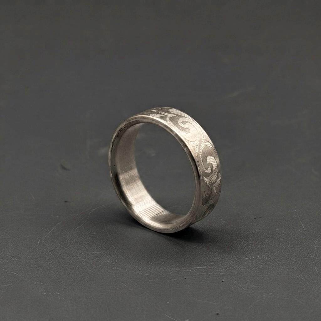 Floral Engraved Titanium Wedding Band — Hand Carved Scroll, view 2