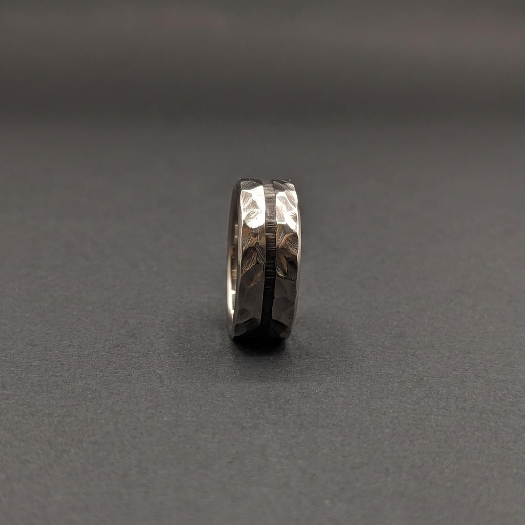 Hammered Titanium Wedding Band — Black Wood Lining, view 4