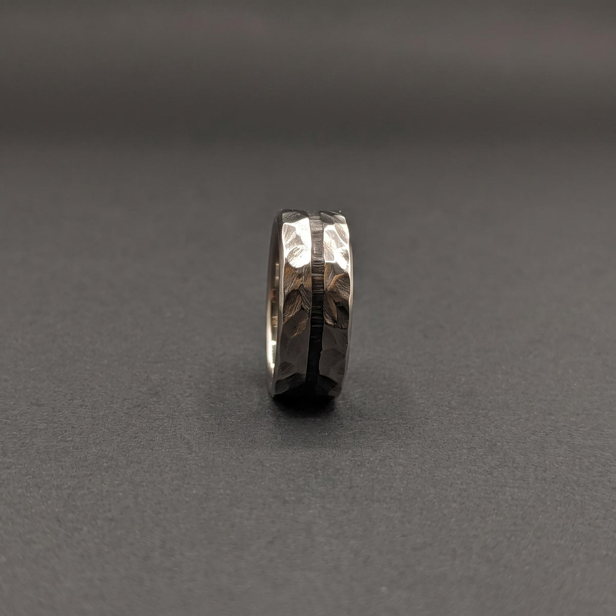 Hammered Titanium Wedding Band — Black Wood Lining, view 4