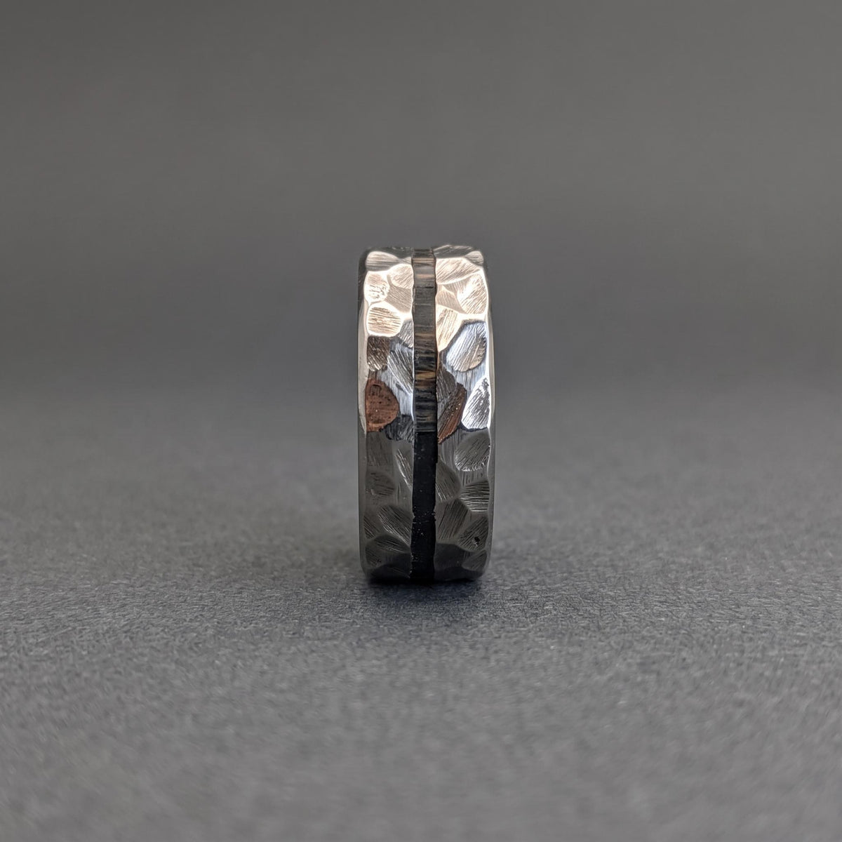 Hammered Titanium Wedding Band — Black Wood Lining, view 6