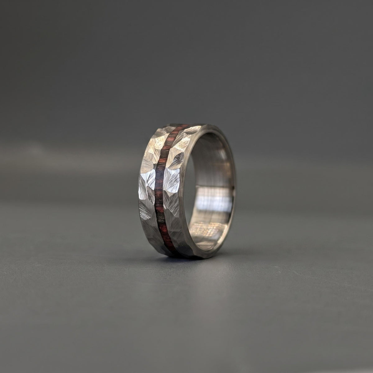 Hammered Titanium Wedding Band — Red and Black Wood Lining, view 4