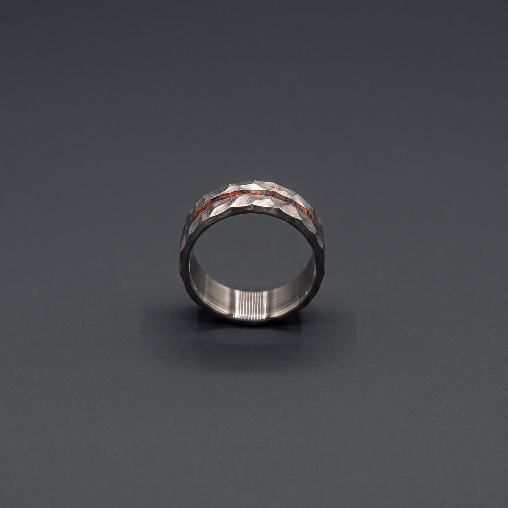 Hammered Titanium Wedding Band — Red and Black Wood Lining, view 6