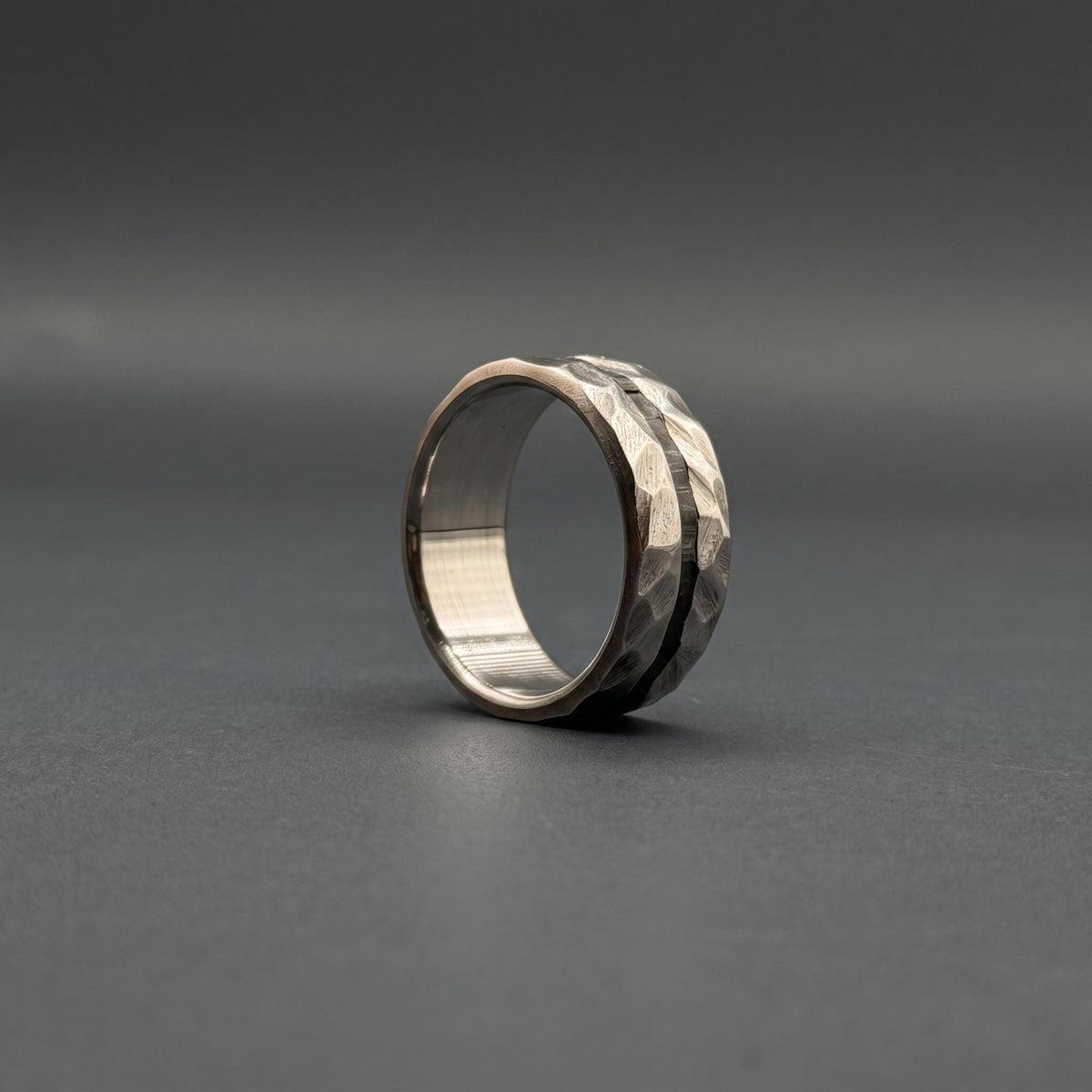Hammered Titanium Wedding Band — Black Wood Lining, view 7