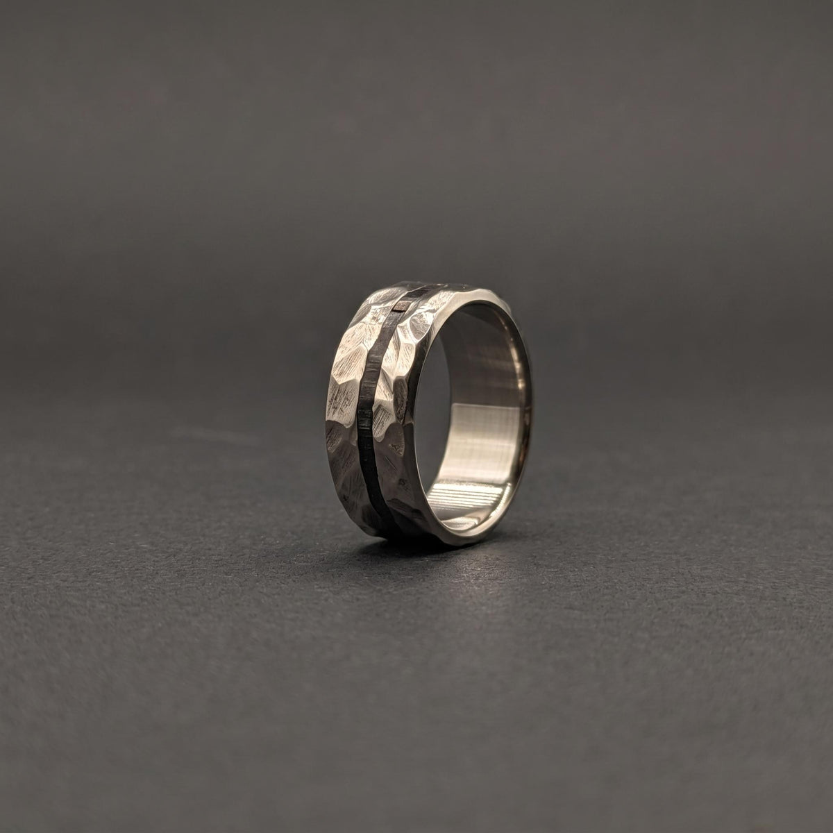 Hammered Titanium Wedding Band — Black Wood Lining, view 5