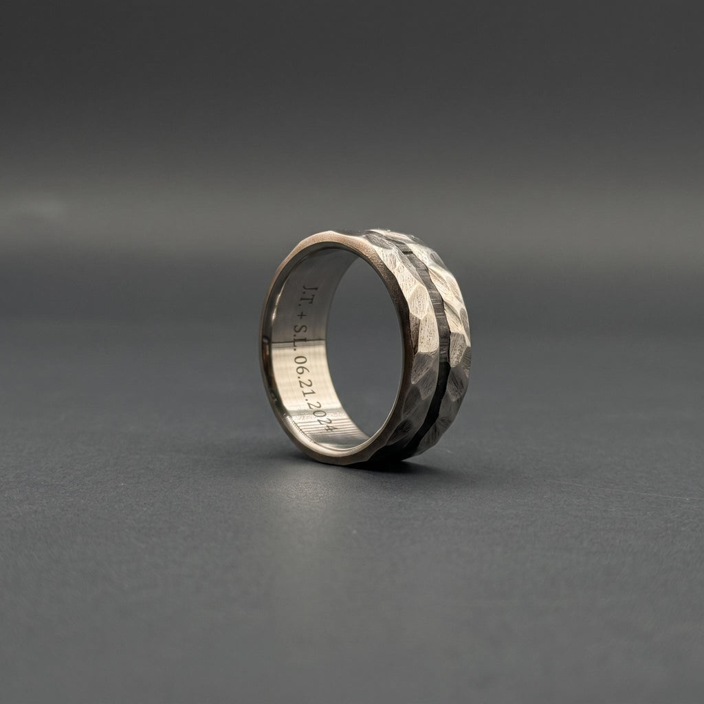 Hammered Titanium Wedding Band — Black Wood Lining, view 3