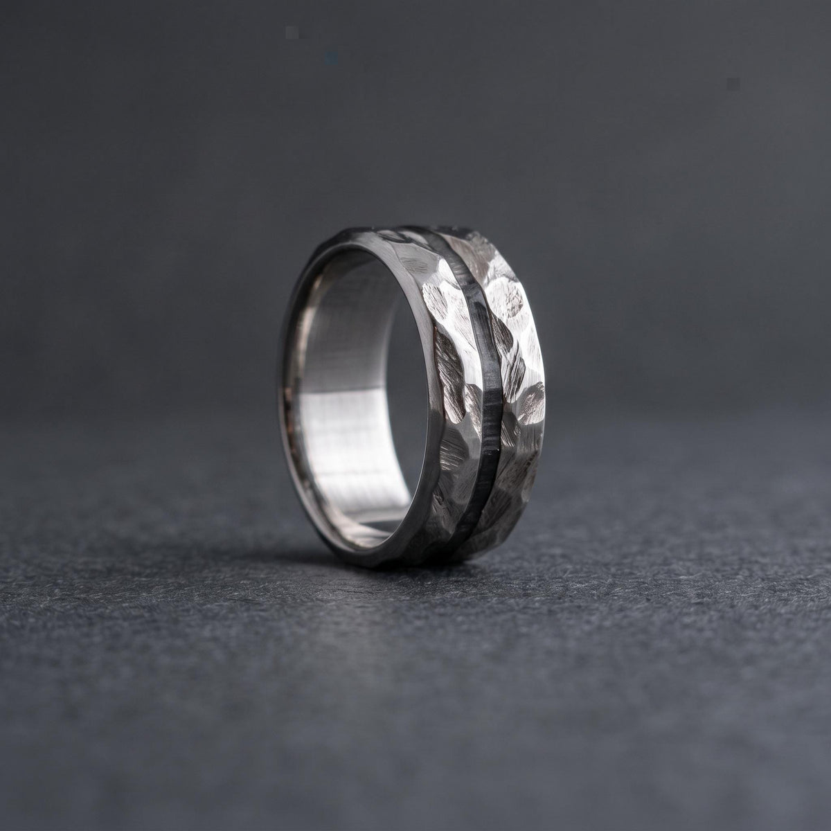 Hammered Titanium Wedding Band — Black Wood Lining