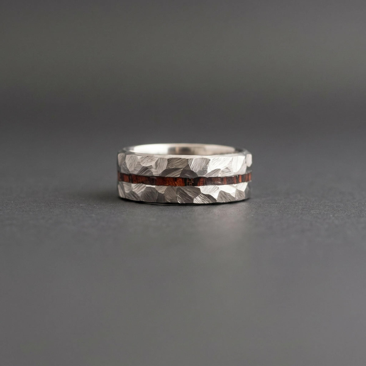 Hammered Titanium Wedding Band — Red and Black Wood Lining, view 5