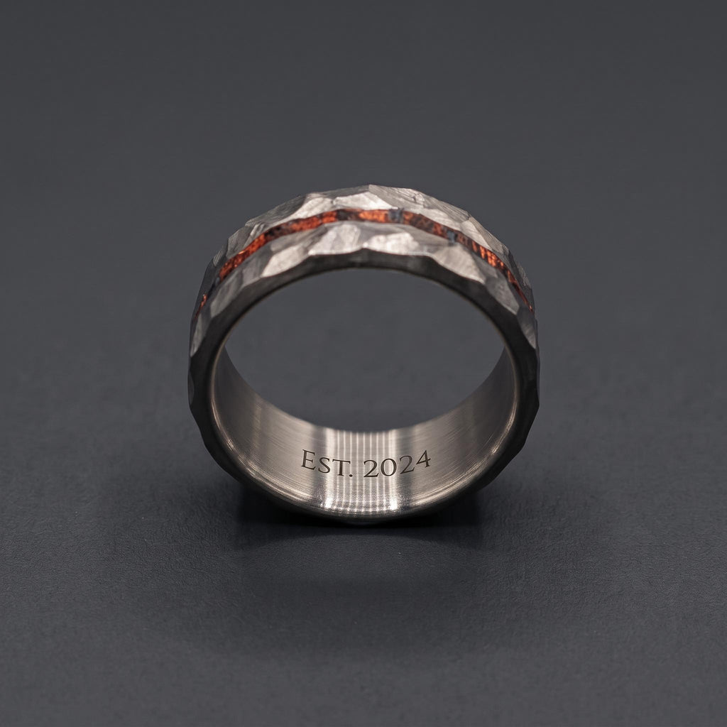 Hammered Titanium Wedding Band — Red and Black Wood Lining, view 3