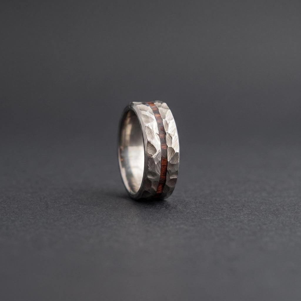 Hammered Titanium Wedding Band — Red and Black Wood Lining, view 7