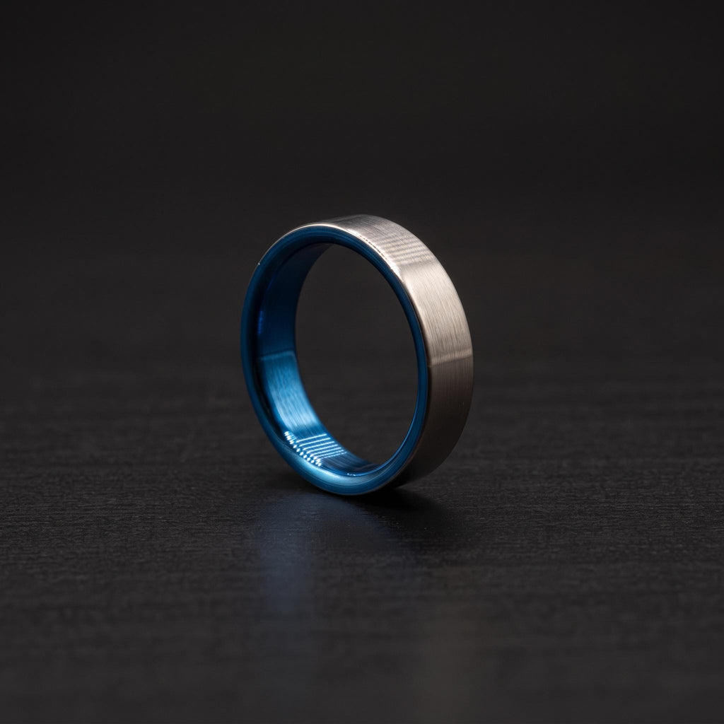 Brushed Titanium Wedding Band — Blue Anodized Interior, view 3