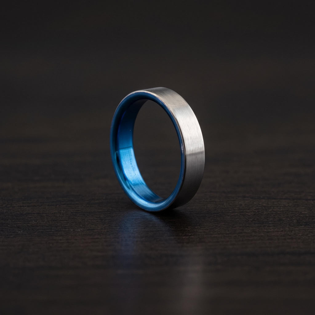 Brushed Titanium Wedding Band — Blue Anodized Interior, view 7