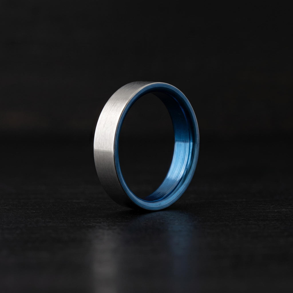 Brushed Titanium Wedding Band — Blue Anodized Interior