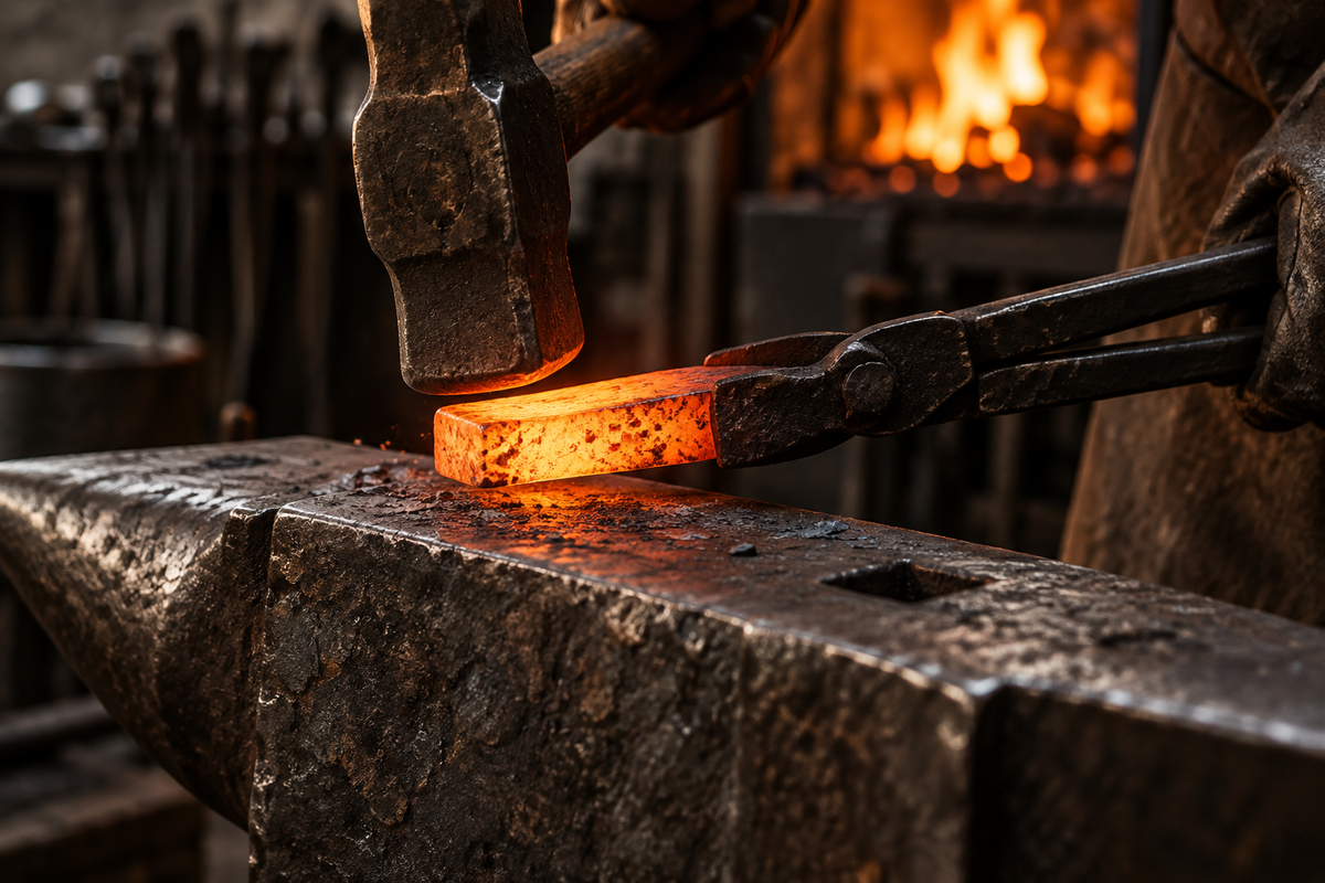 AI-generated illustration of hot steel being hammered on an anvil; not a photograph of the Metals Band Design workshop.